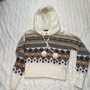 Rue 21 Fair Isle Snowflake Cozy Sherpa Lined Hooded Sweater Womens M Cream Brown